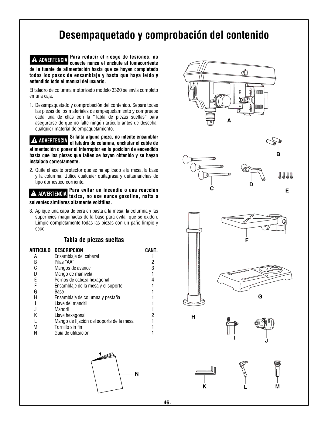 Skil 3320-01 Desempaquetado y comprobación del contenido, Tabla de piezas sueltas, Solventes similares altamente volátiles 