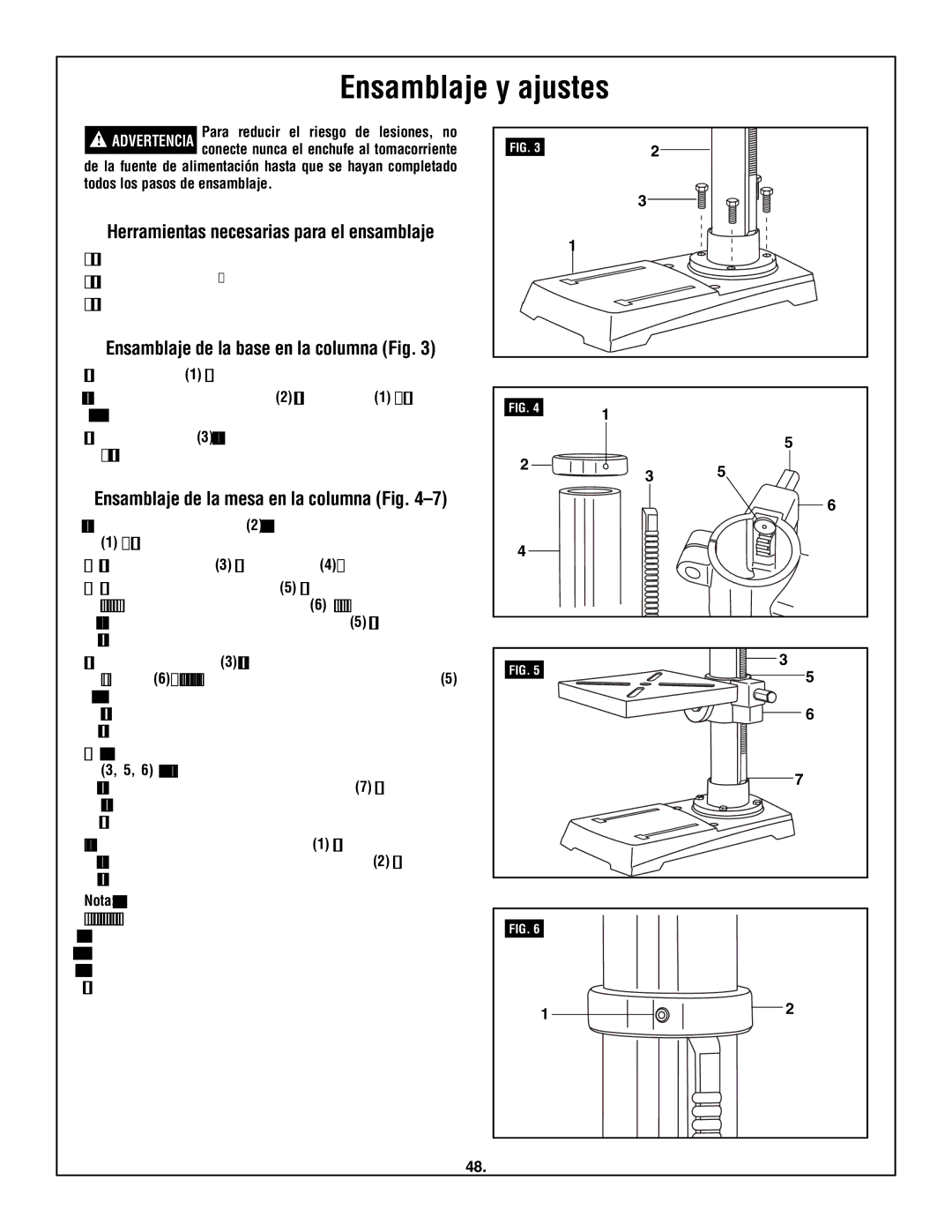 Skil 3320-01 Ensamblaje y ajustes, Herramientas necesarias para el ensamblaje, Ensamblaje de la base en la columna Fig 