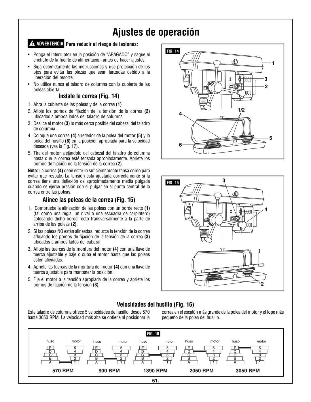 Skil 3320-01 manual Velocidades del husillo Fig, Instale la correa Fig 