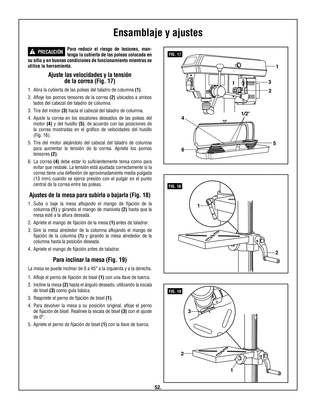 Skil 3320-01 manual Ajuste las velocidades y la tensión De la correa Fig, Para inclinar la mesa Fig 