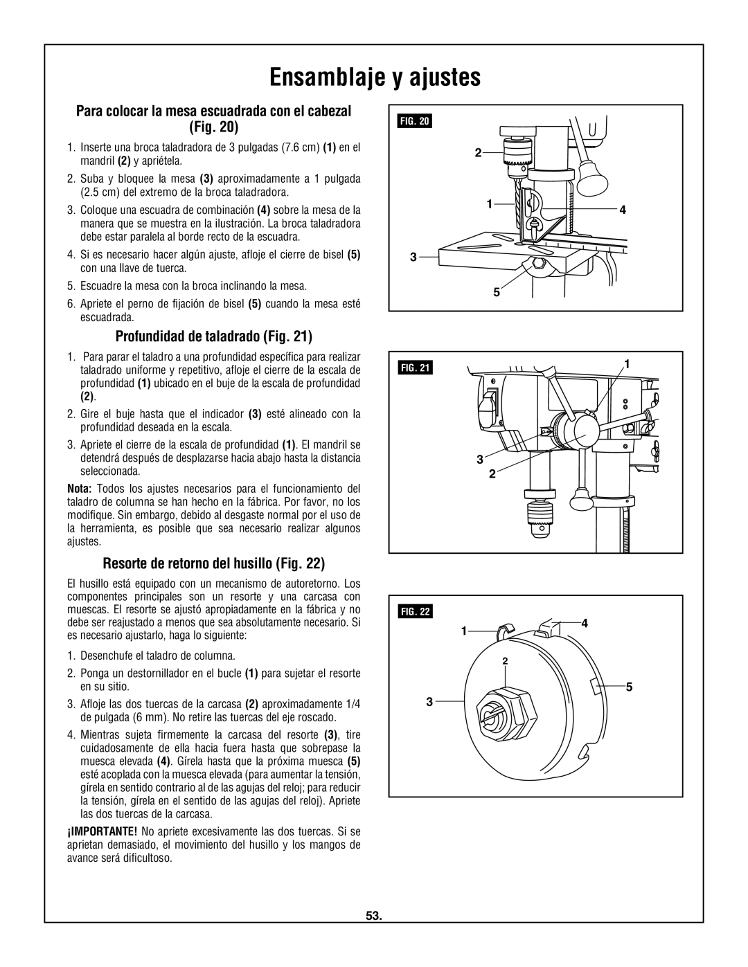 Skil 3320-01 manual Profundidad de taladrado Fig, Resorte de retorno del husillo Fig 