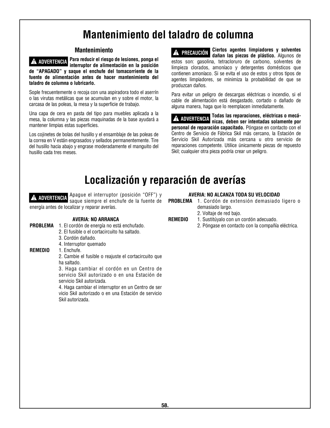 Skil 3320-01 manual Mantenimiento del taladro de columna, Localización y reparación de averías, Averia no Arranca Remedio 