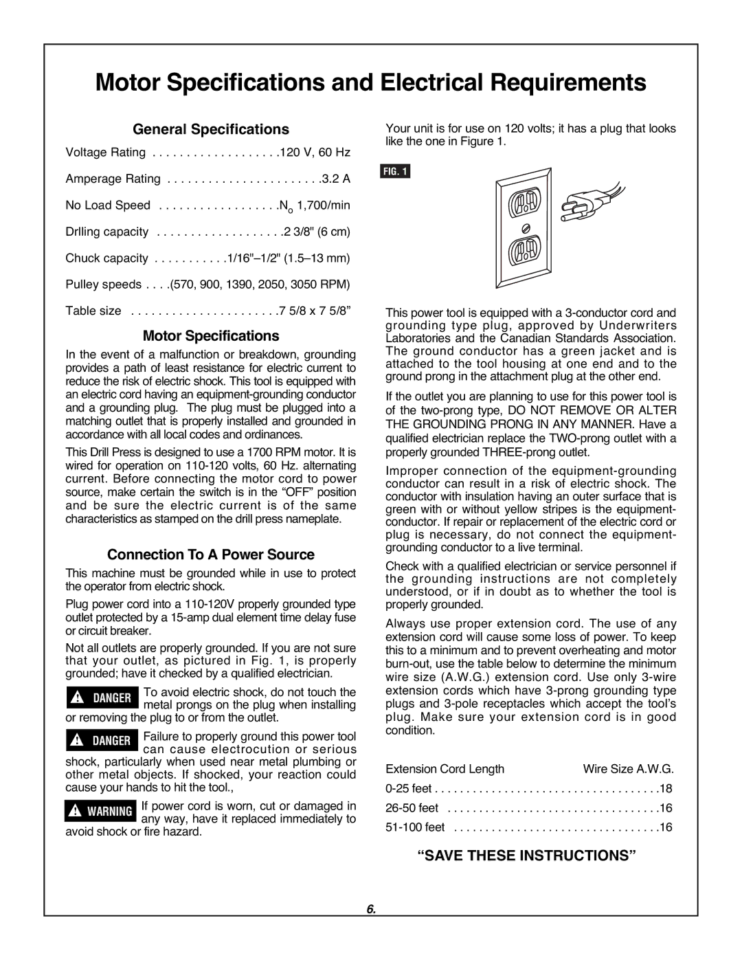 Skil 3320-01 manual Motor Specifications and Electrical Requirements, General Specifications, Connection To a Power Source 