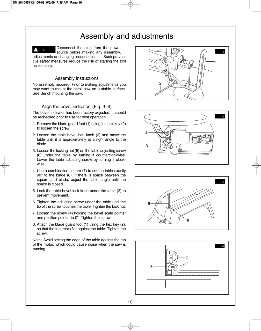 Skil 3335-01 manual Assembly and adjustments, Assembly instructions, Align the bevel indicator Fig 