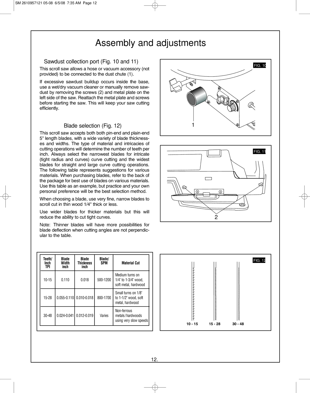 Skil 3335-01 manual Sawdust collection port, Blade selection Fig 