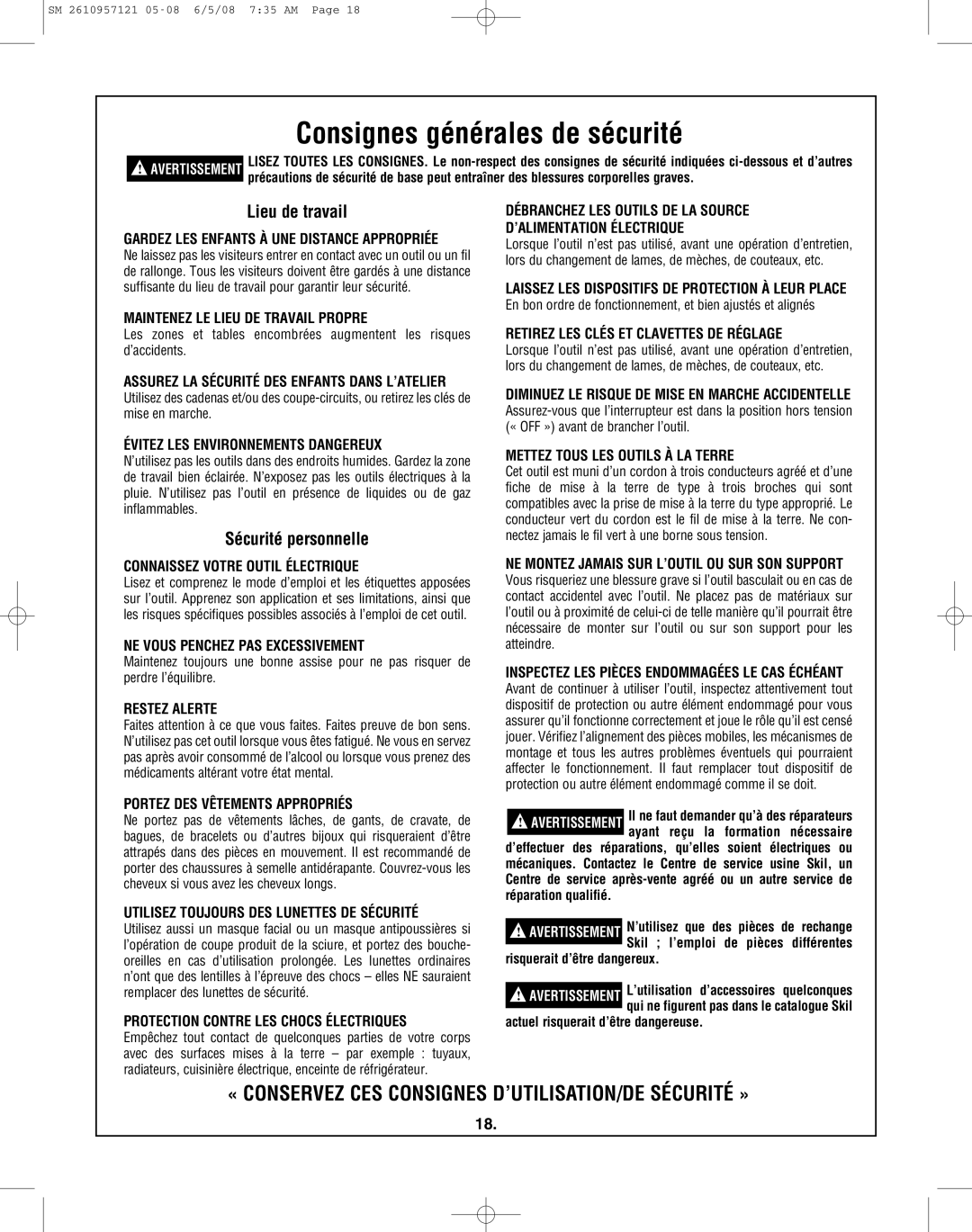 Skil 3335-01 manual Consignes générales de sécurité, Lieu de travail, Sécurité personnelle 