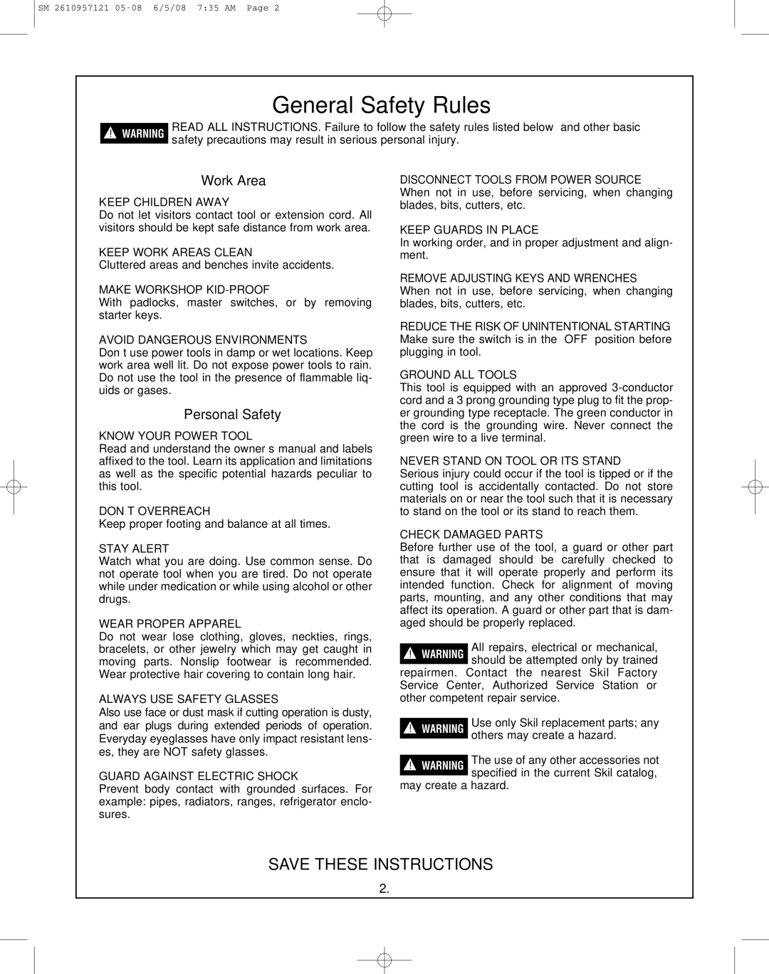 Skil 3335-01 manual General Safety Rules, Work Area, Personal Safety 