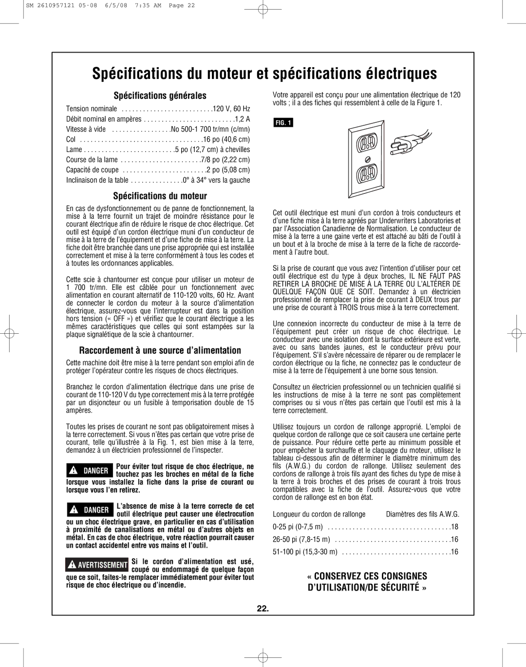 Skil 3335-01 manual Spécifications du moteur et spécifications électriques, Spécifications générales 