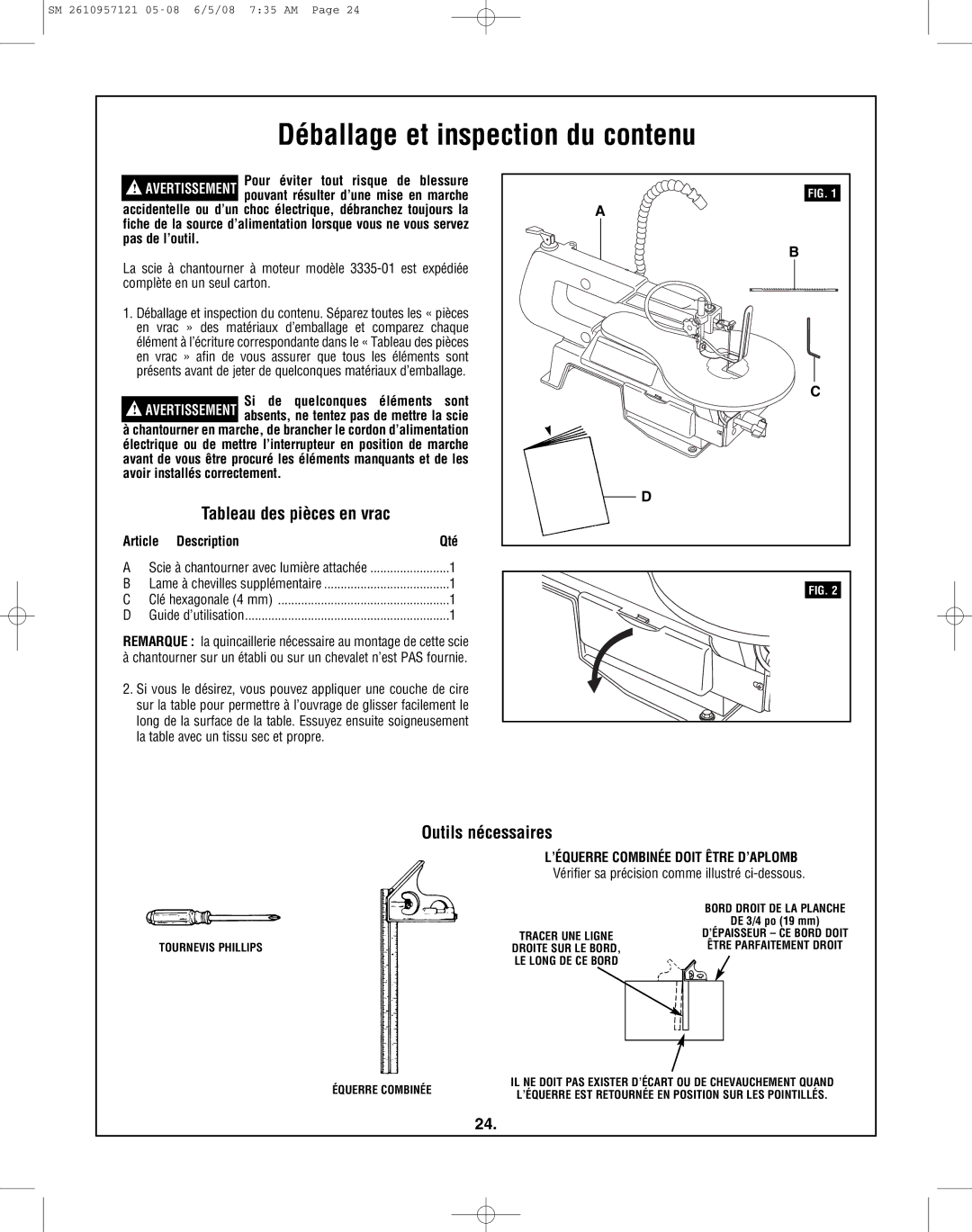 Skil 3335-01 manual Déballage et inspection du contenu, Tableau des pièces en vrac, Outils nécessaires 