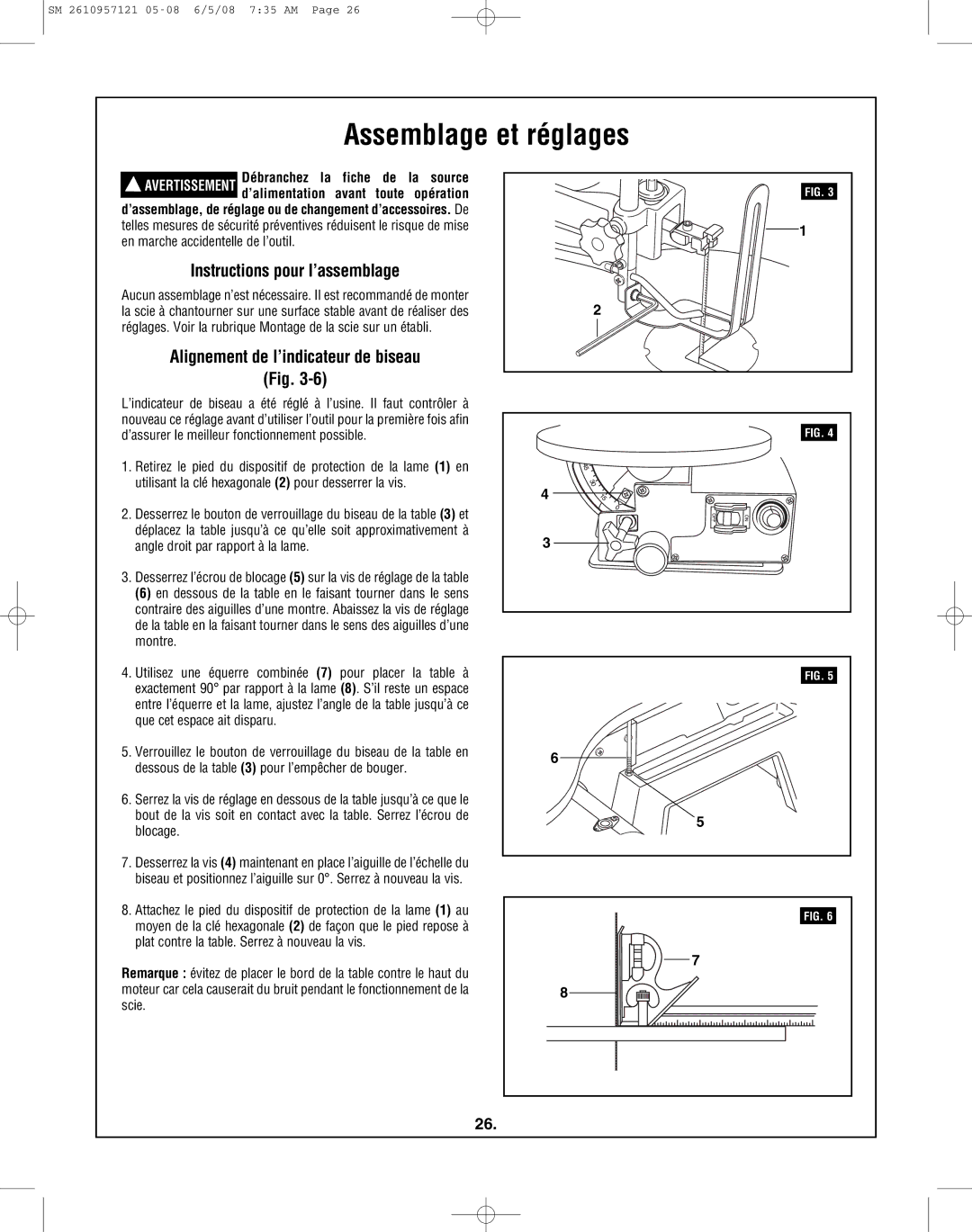 Skil 3335-01 manual Assemblage et réglages, Instructions pour l’assemblage, Alignement de l’indicateur de biseau 