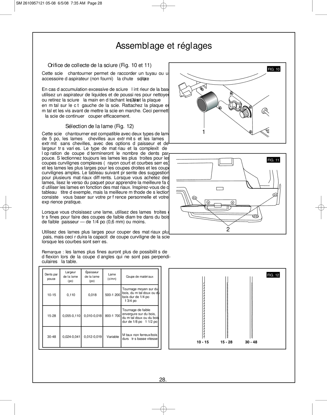 Skil 3335-01 manual Orifice de collecte de la sciure et, Sélection de la lame Fig 