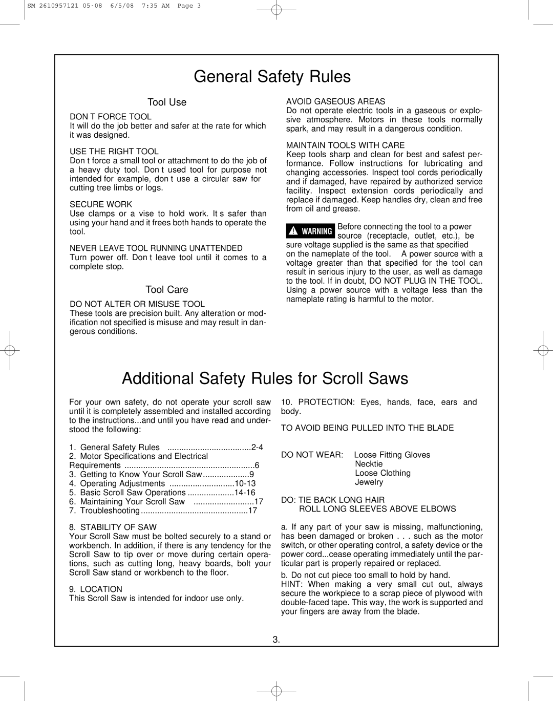 Skil 3335-01 manual Additional Safety Rules for Scroll Saws, Tool Use, Tool Care 