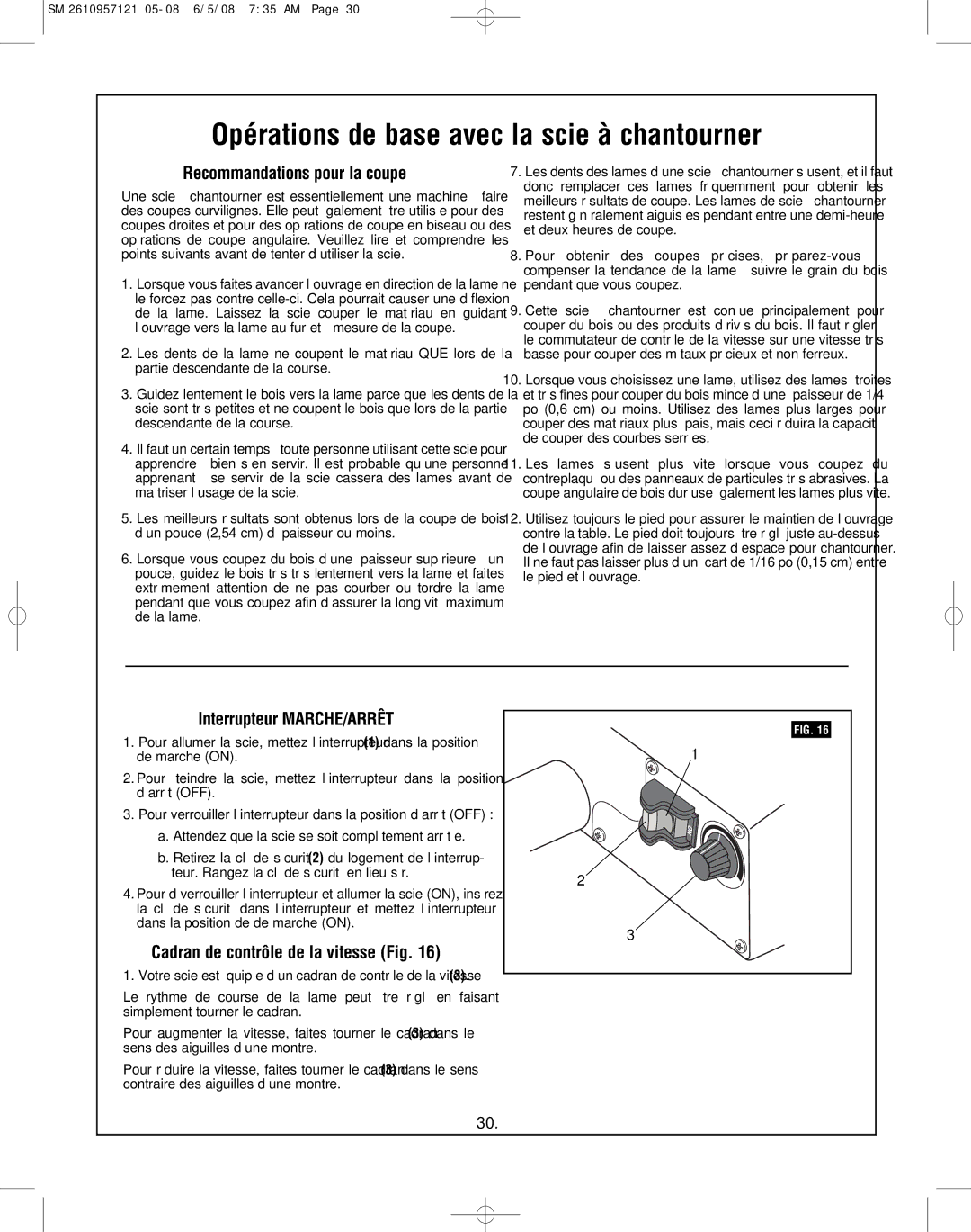 Skil 3335-01 manual Opérations de base avec la scie à chantourner, Recommandations pour la coupe, Interrupteur MARCHE/ARRÊT 