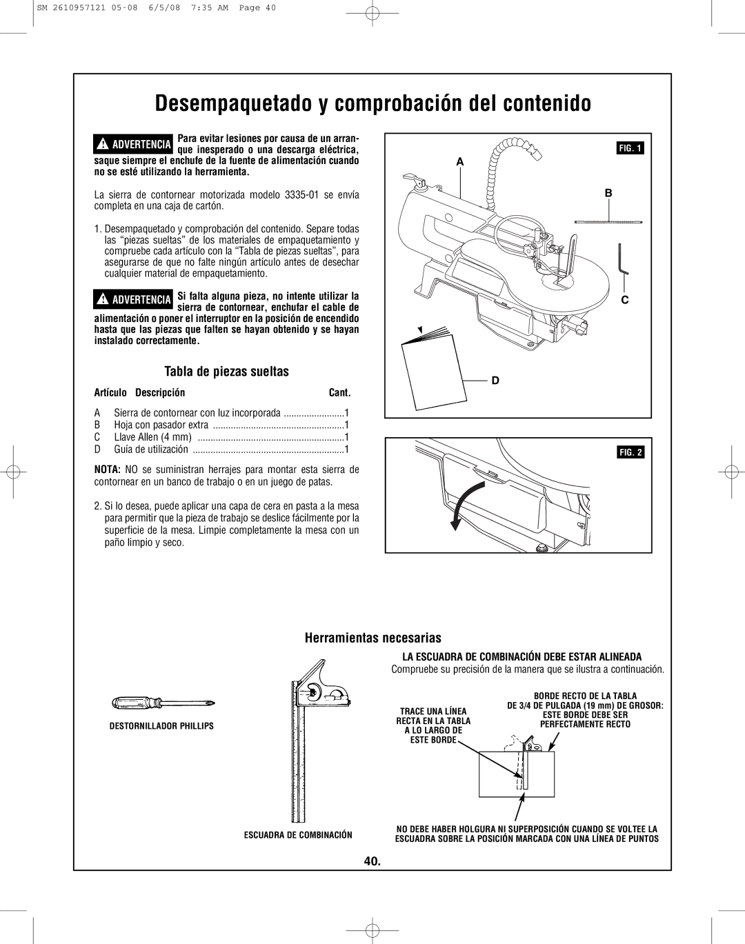 Skil 3335-01 manual Desempaquetado y comprobación del contenido, Tabla de piezas sueltas, Herramientas necesarias 