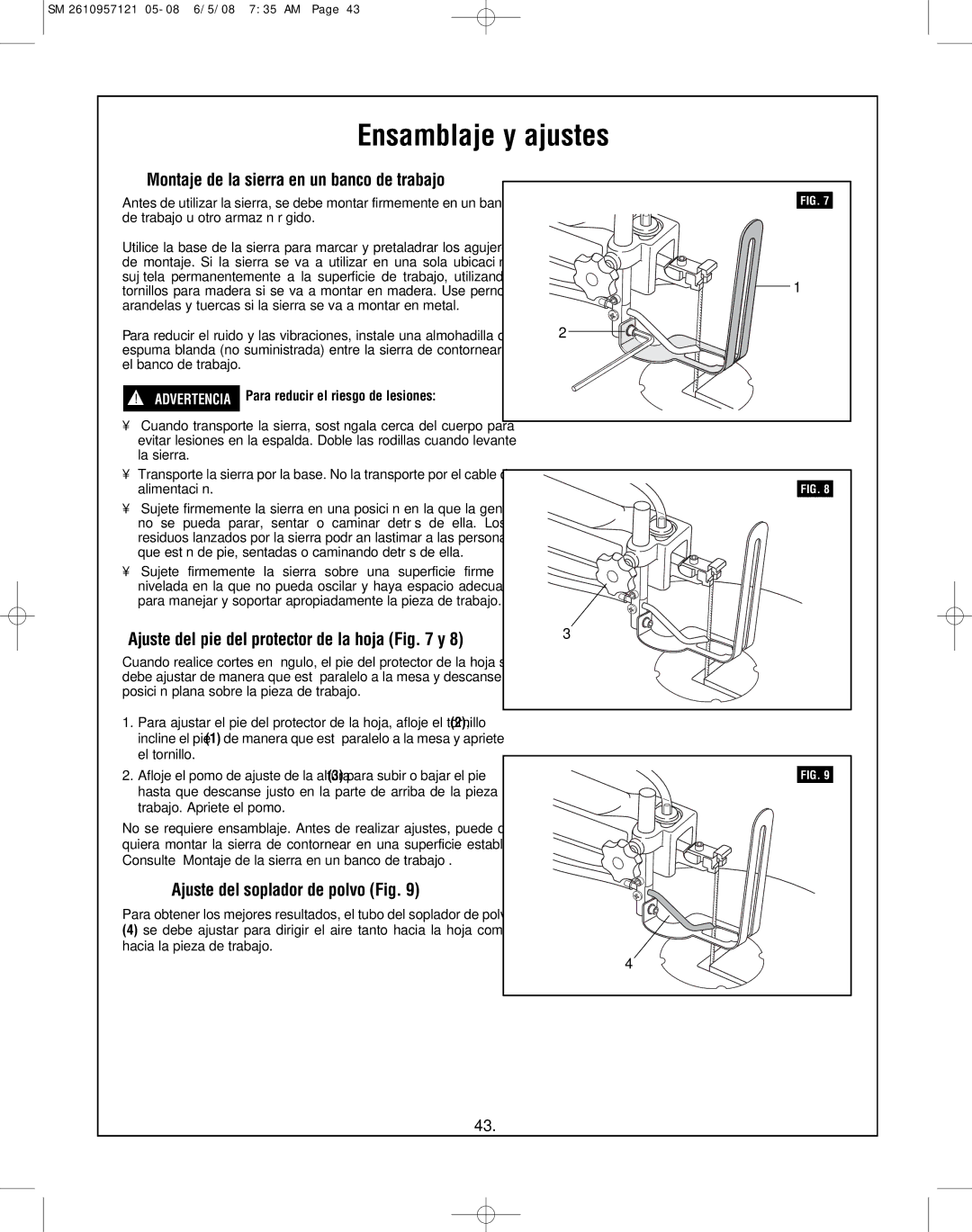 Skil 3335-01 manual Montaje de la sierra en un banco de trabajo, Ajuste del pie del protector de la hoja y 