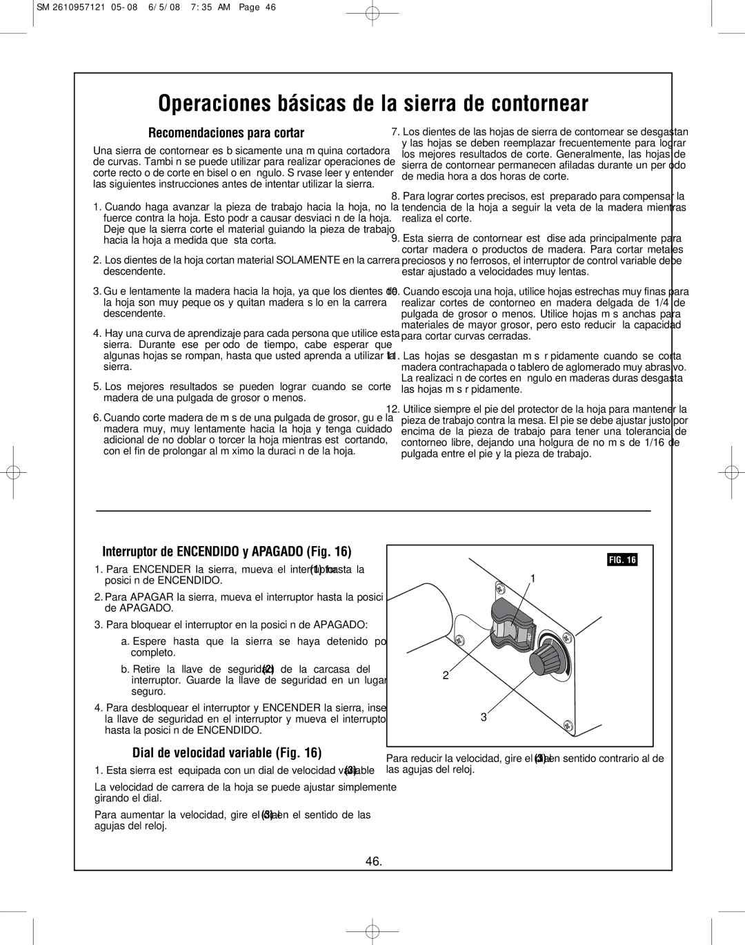 Skil 3335-01 Operaciones básicas de la sierra de contornear, Recomendaciones para cortar, Dial de velocidad variable Fig 