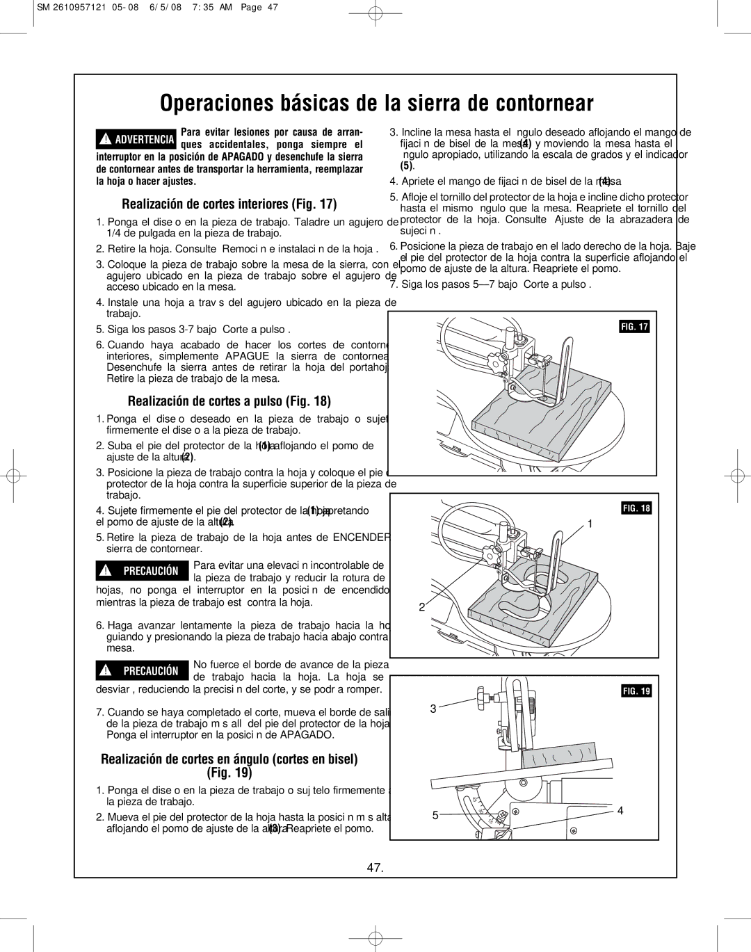 Skil 3335-01 manual Realización de cortes interiores Fig, Realización de cortes a pulso Fig 