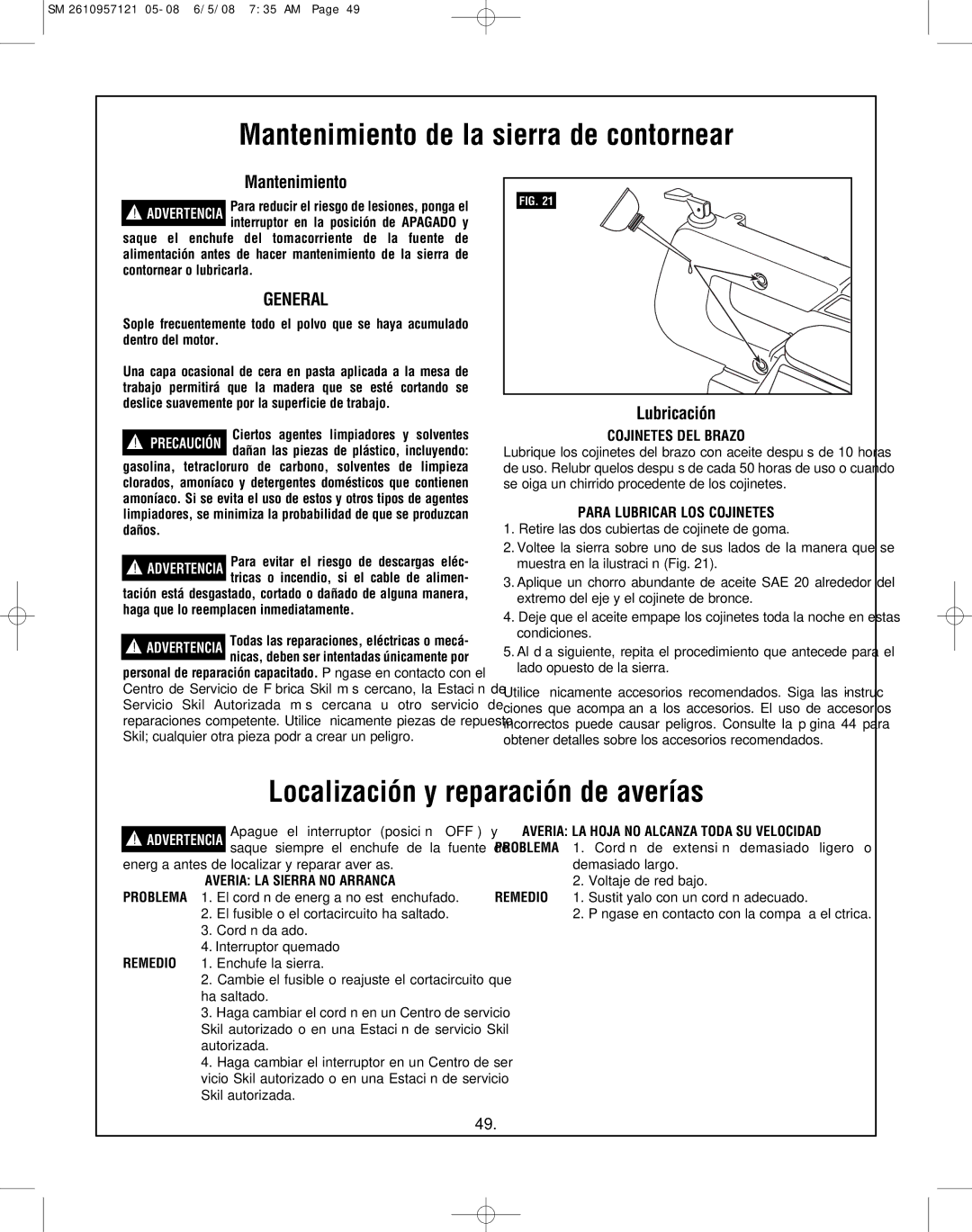 Skil 3335-01 manual Mantenimiento de la sierra de contornear, Localización y reparación de averías, Lubricación 