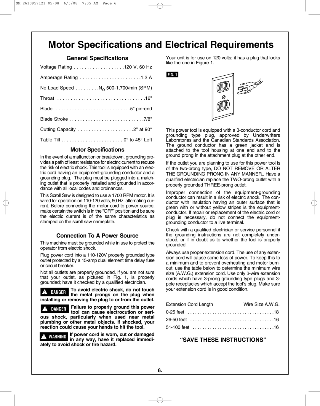 Skil 3335-01 manual Motor Specifications and Electrical Requirements, General Specifications, Connection To a Power Source 