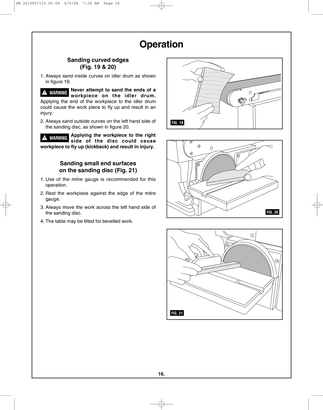 Skil 3375-01 manual Sanding curved edges, Sanding small end surfaces on the sanding disc Fig 