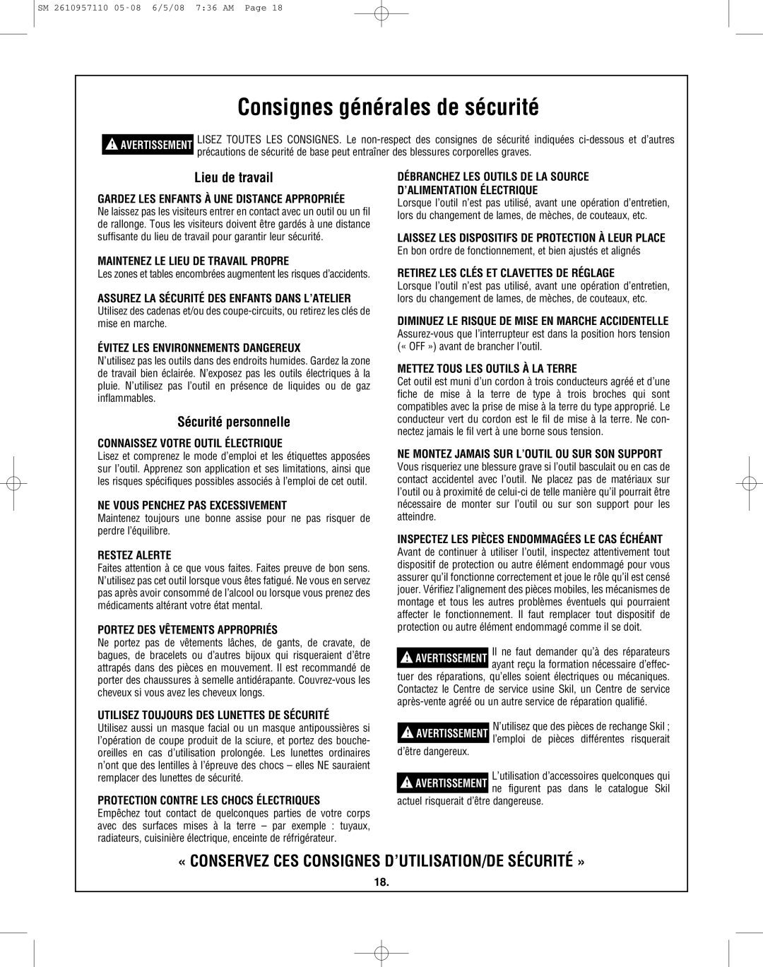 Skil 3375-01 manual Consignes générales de sécurité, Lieu de travail, Sécurité personnelle 