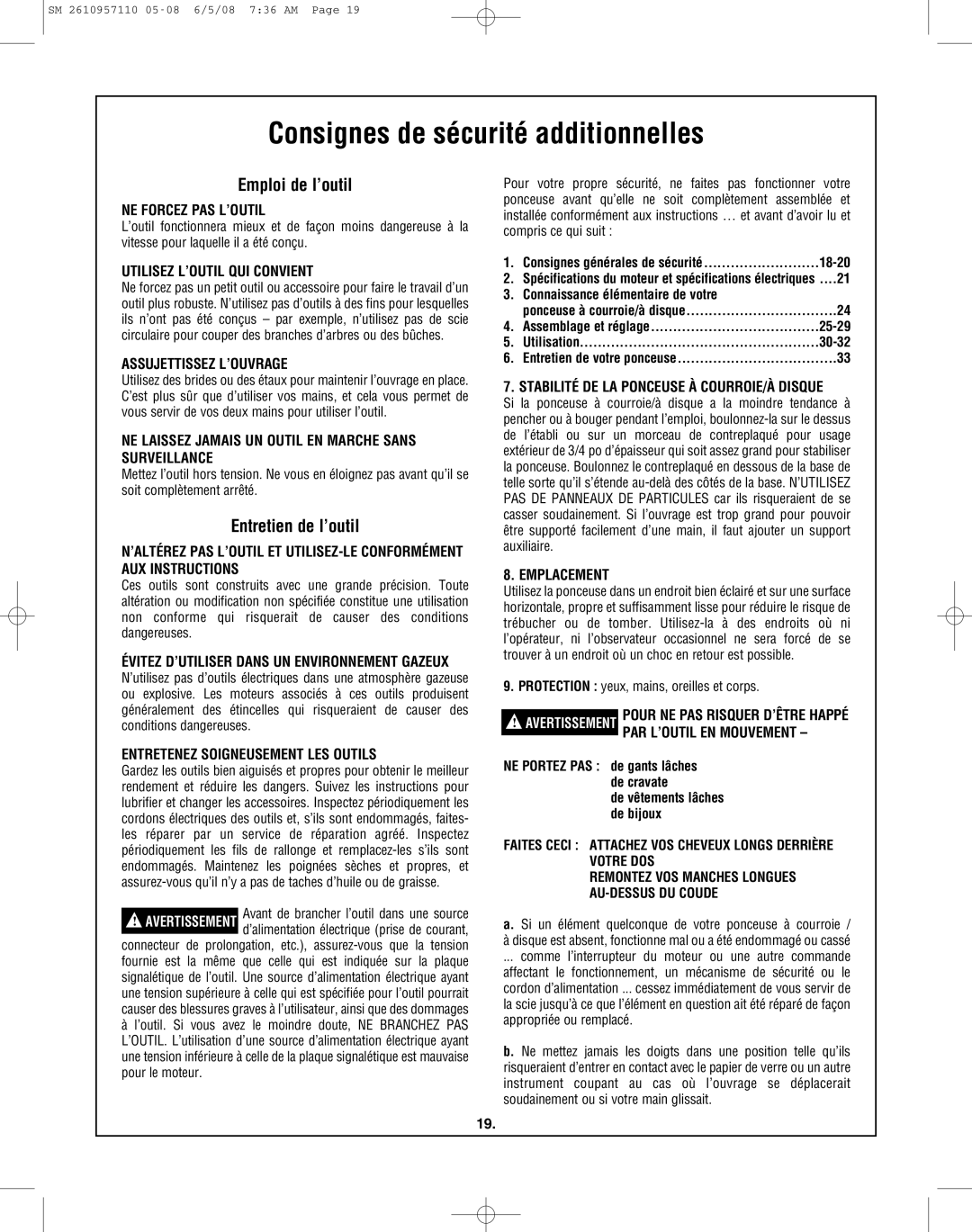 Skil 3375-01 manual Consignes de sécurité additionnelles, Emploi de l’outil, Entretien de l’outil 