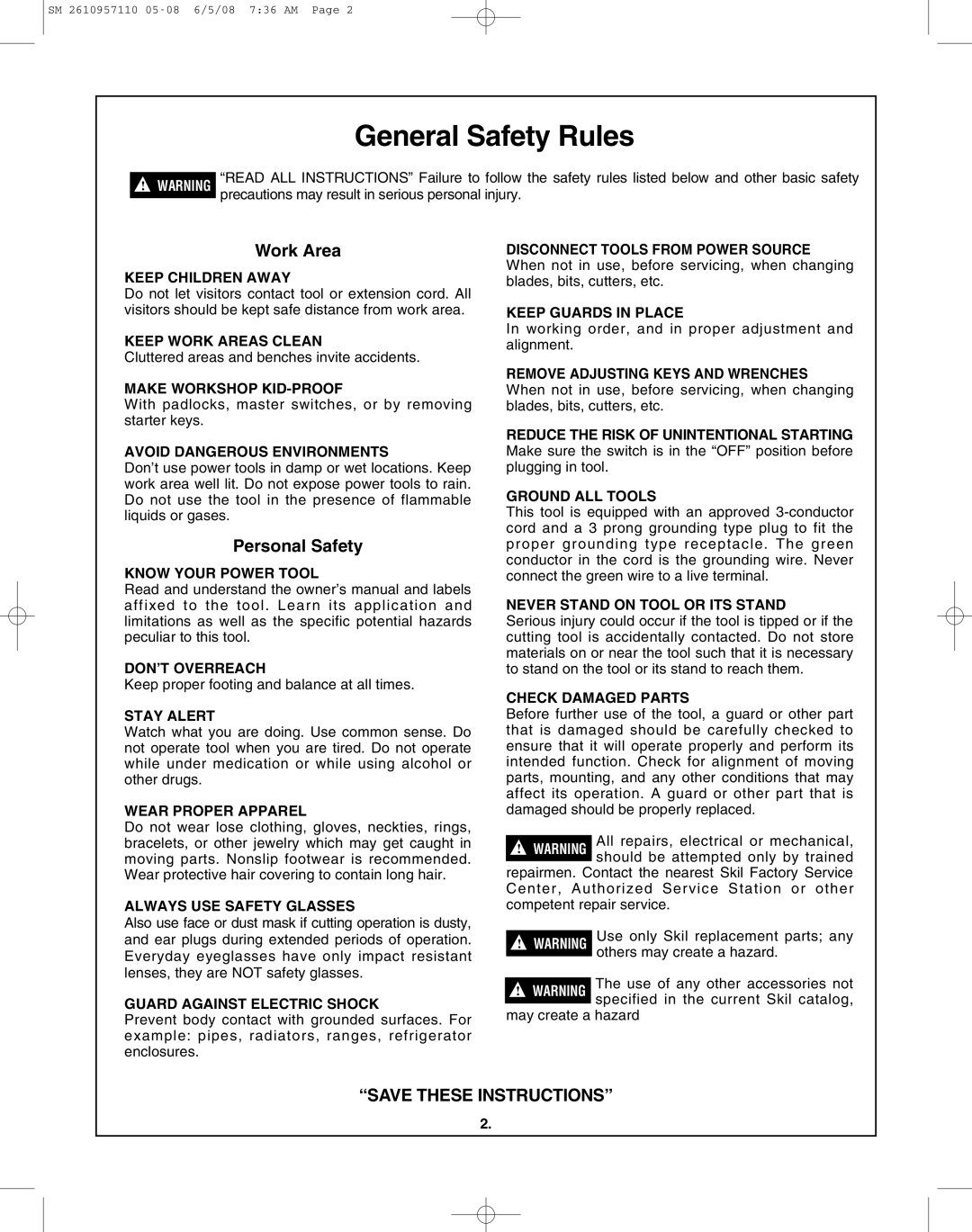 Skil 3375-01 manual General Safety Rules, Work Area, Personal Safety 