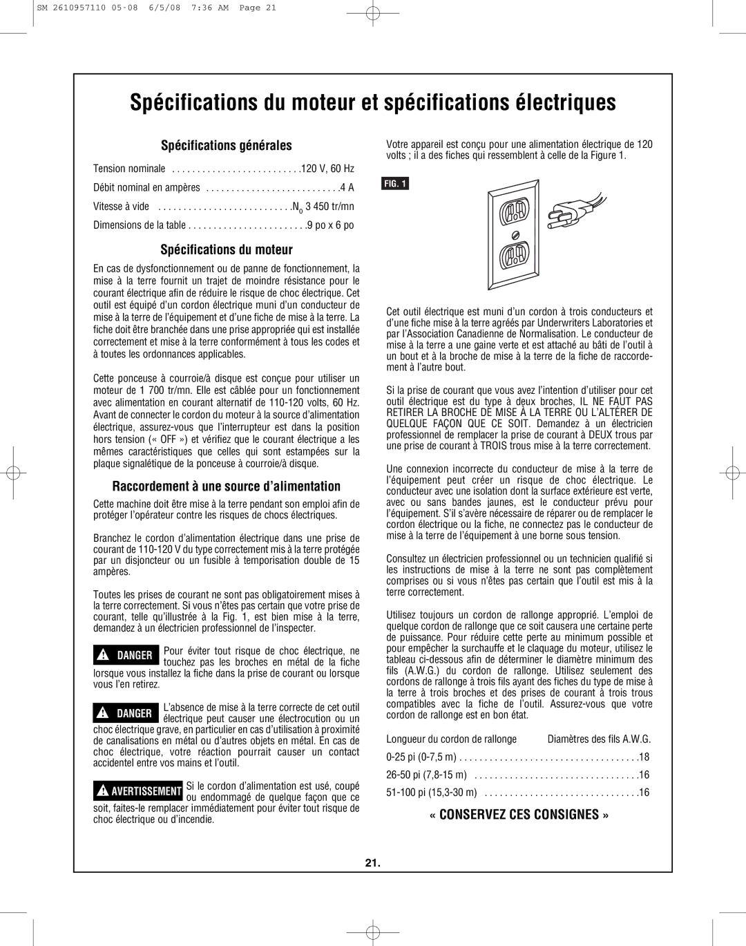 Skil 3375-01 manual Spécifications du moteur et spécifications électriques, Spécifications générales 