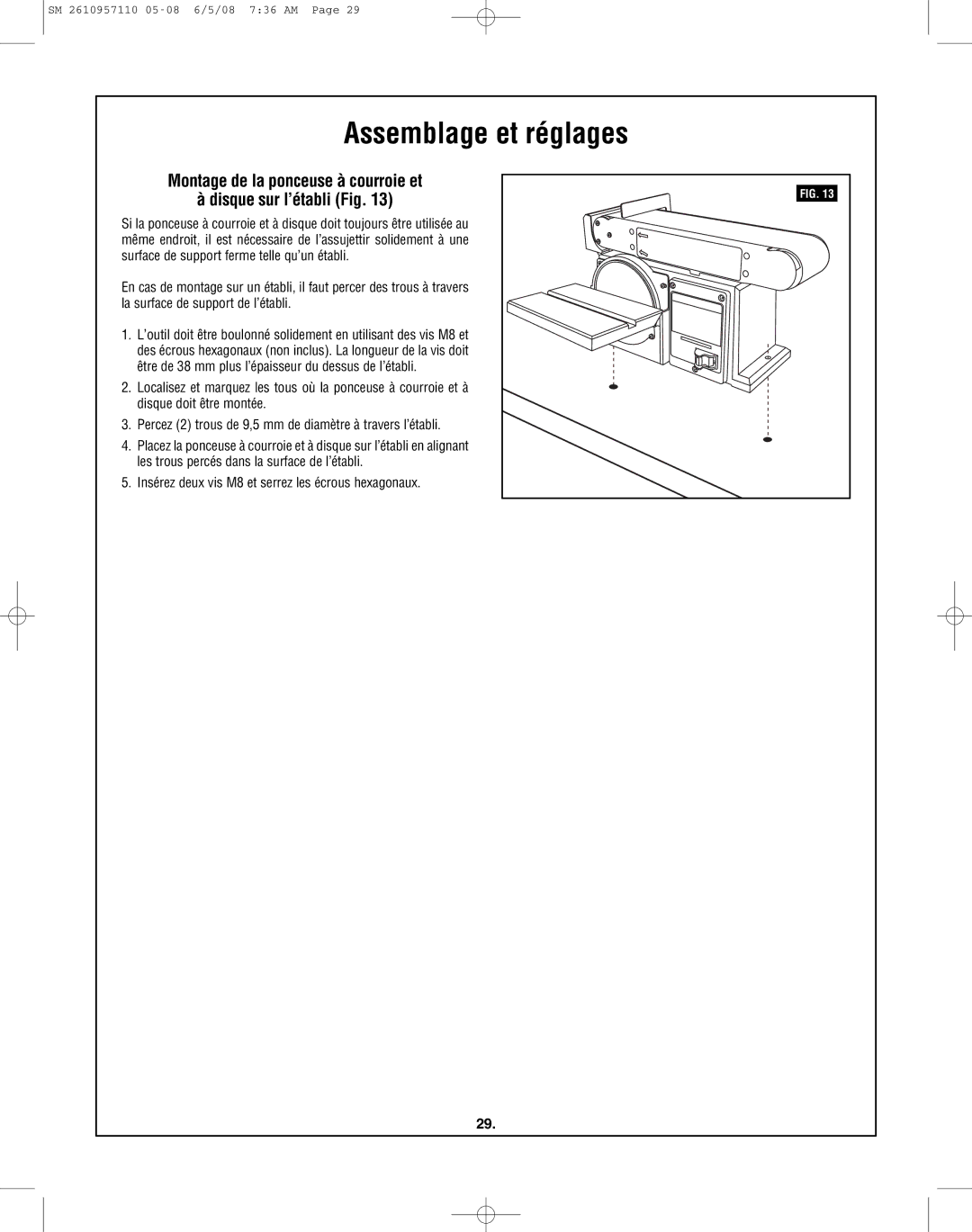 Skil 3375-01 manual Montage de la ponceuse à courroie et Disque sur l’établi Fig 
