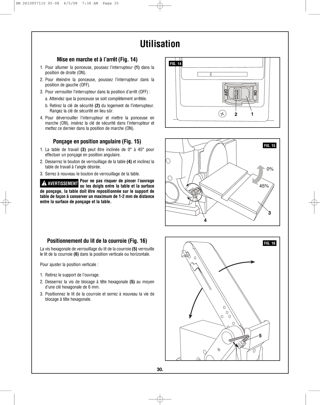 Skil 3375-01 manual Utilisation, Mise en marche et à l’arrêt Fig, Ponçage en position angulaire Fig 