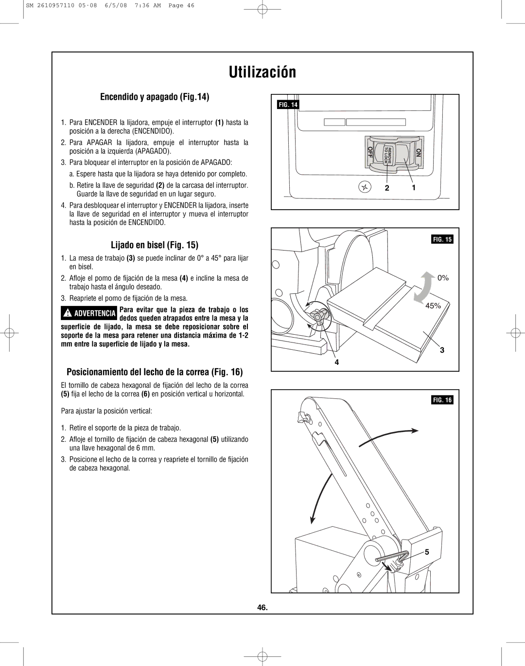 Skil 3375-01 manual Utilización, Encendido y apagado, Lijado en bisel Fig 