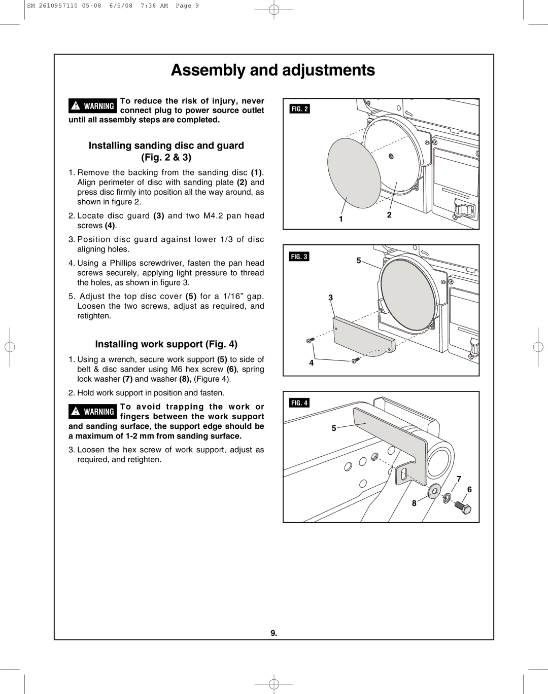 Skil 3375-01 manual Assembly and adjustments, Installing sanding disc and guard, Installing work support Fig 