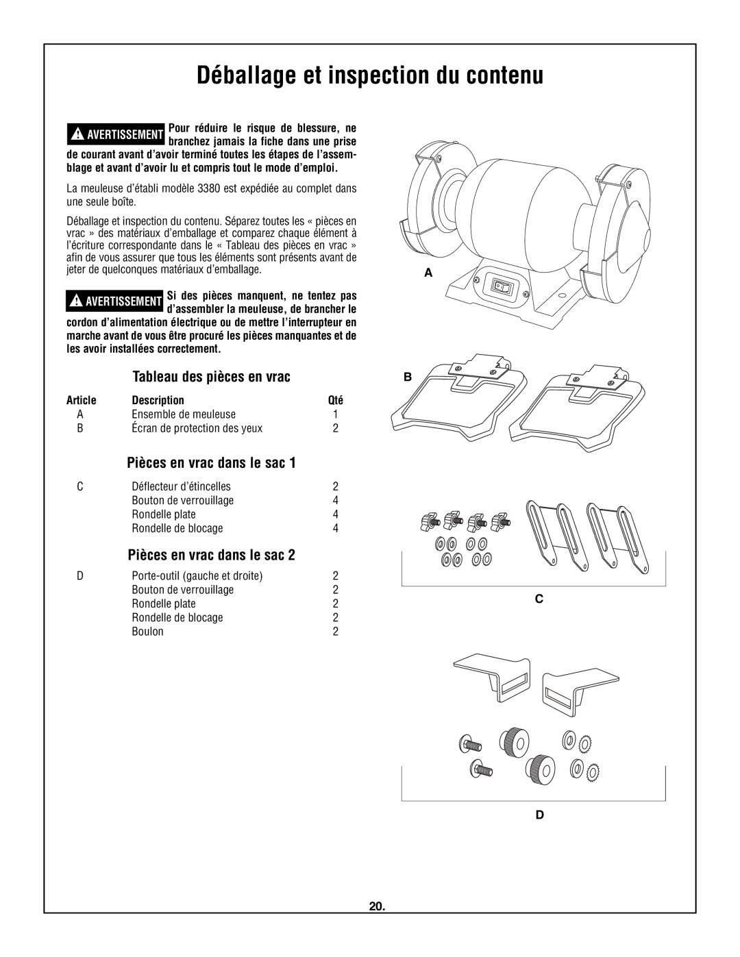 Skil 3380-01 manual Déballage et inspection du contenu, Tableau des pièces en vrac, Pièces en vrac dans le sac 