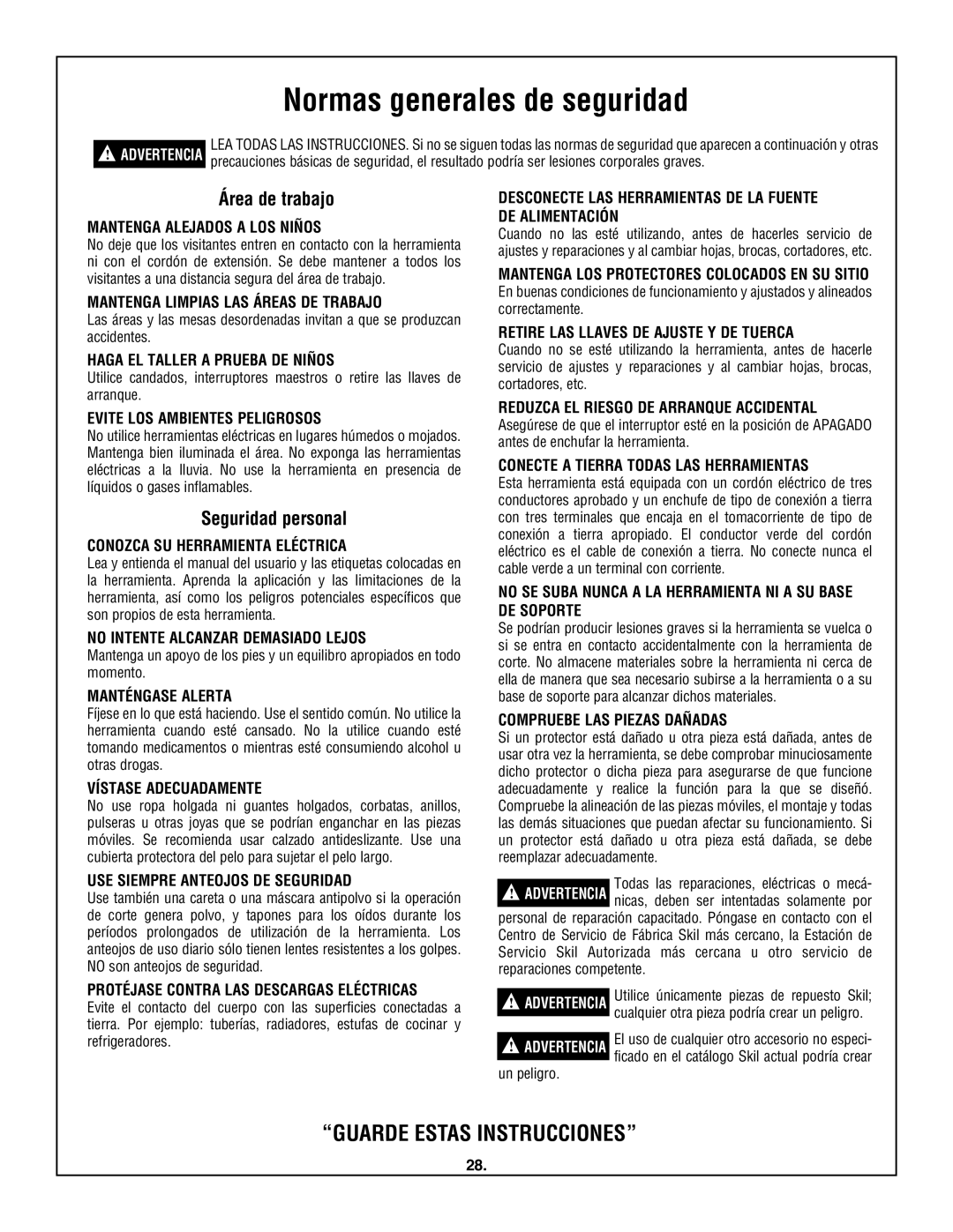 Skil 3380-01 manual Normas generales de seguridad, Área de trabajo, Seguridad personal 