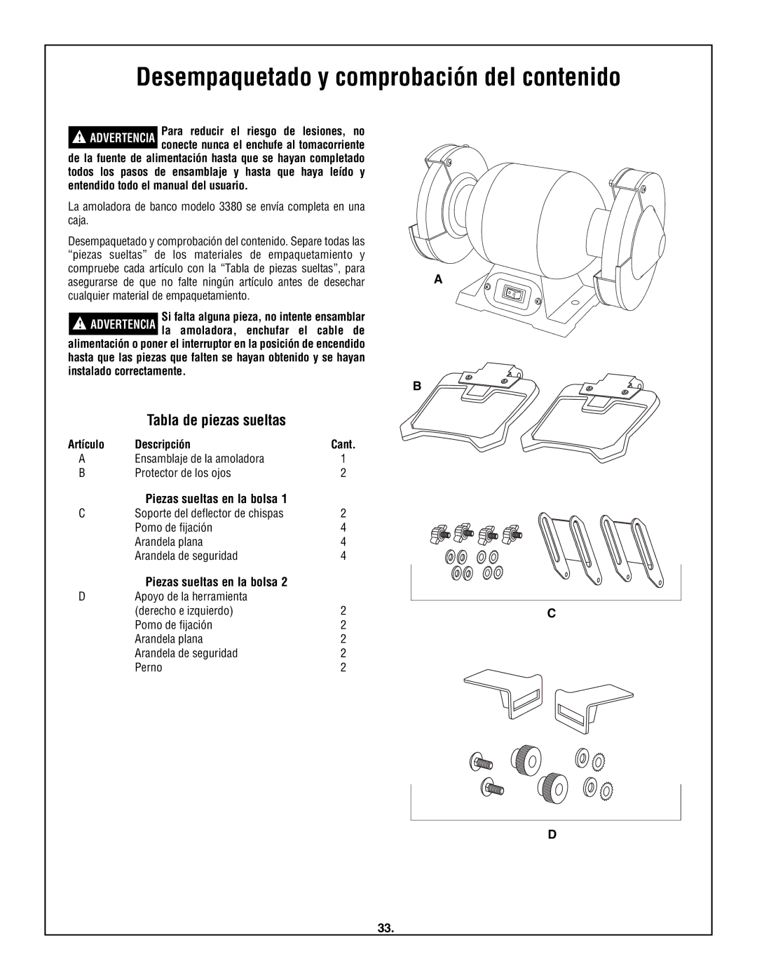 Skil 3380-01 manual Desempaquetado y comprobación del contenido, Tabla de piezas sueltas 