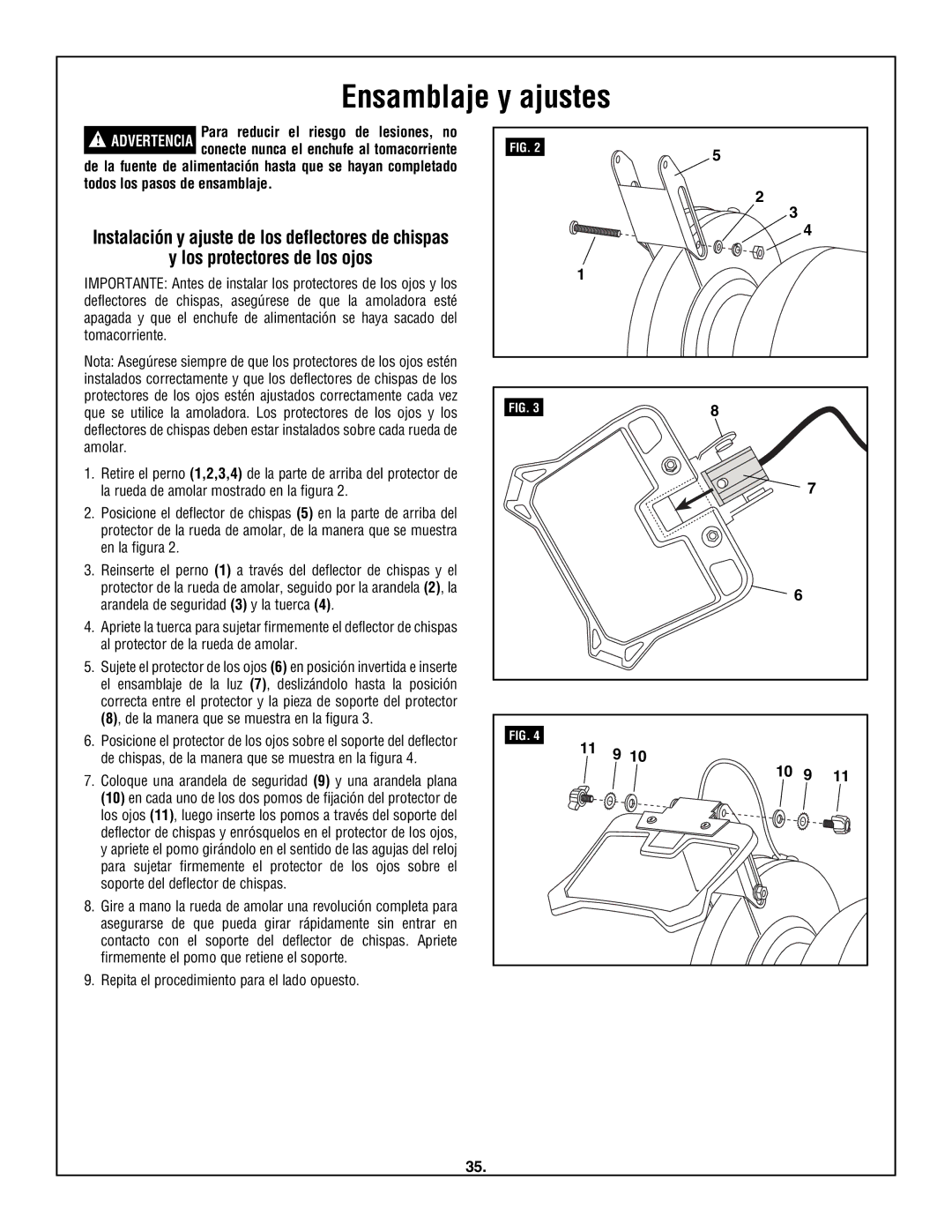 Skil 3380-01 manual Ensamblaje y ajustes, Los protectores de los ojos 