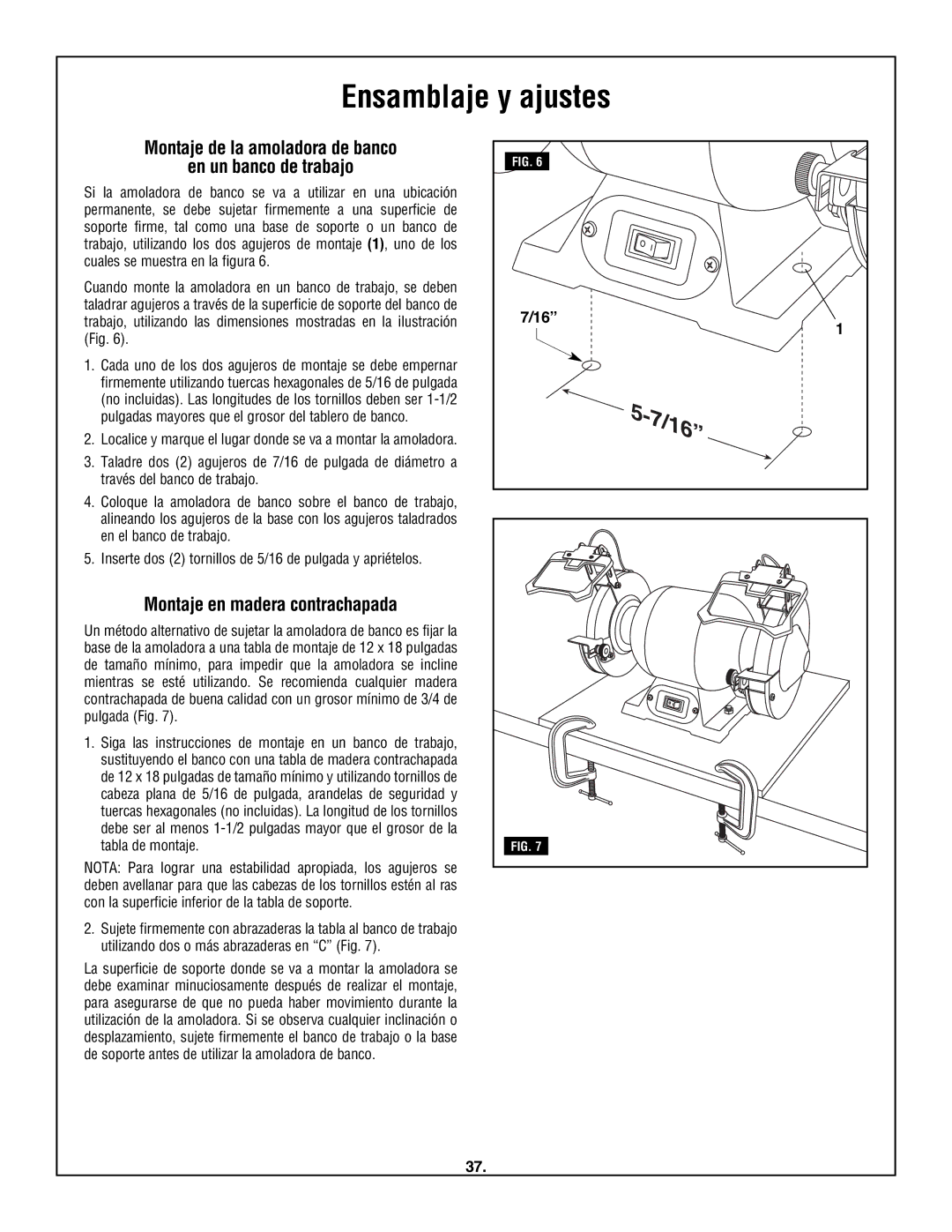 Skil 3380-01 manual Montaje de la amoladora de banco En un banco de trabajo, Montaje en madera contrachapada 