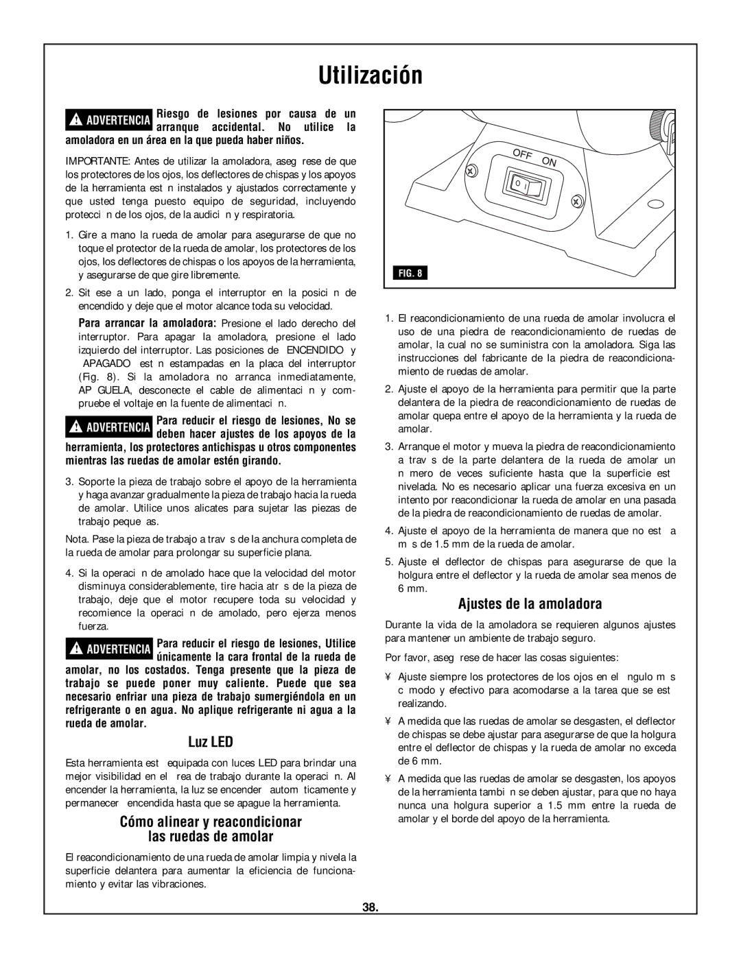 Skil 3380-01 manual Utilización, Luz LED, Cómo alinear y reacondicionar Las ruedas de amolar, Ajustes de la amoladora 