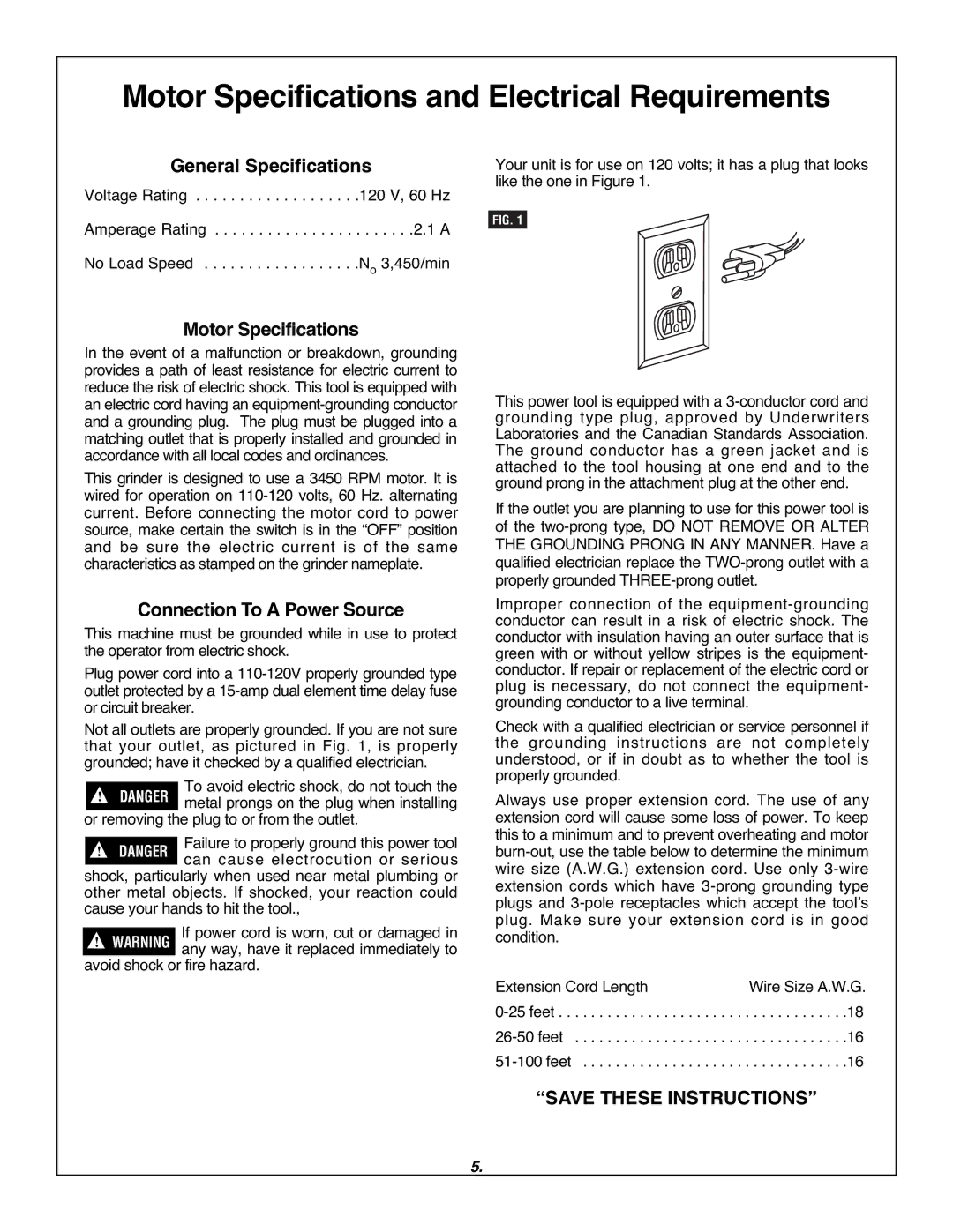 Skil 3380-01 manual Motor Specifications and Electrical Requirements, General Specifications, Connection To a Power Source 