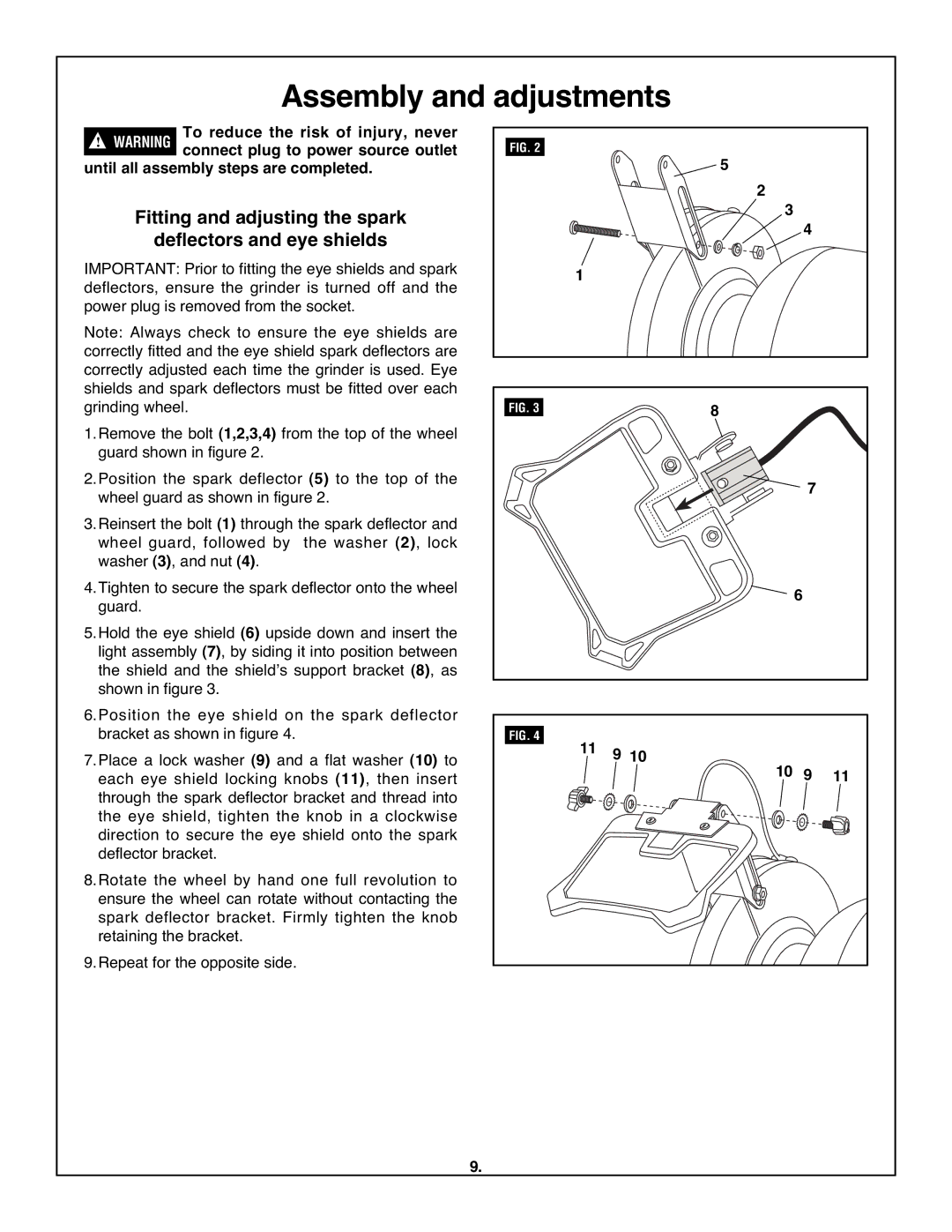 Skil 3380-01 manual Assembly and adjustments, Fitting and adjusting the spark Deflectors and eye shields 