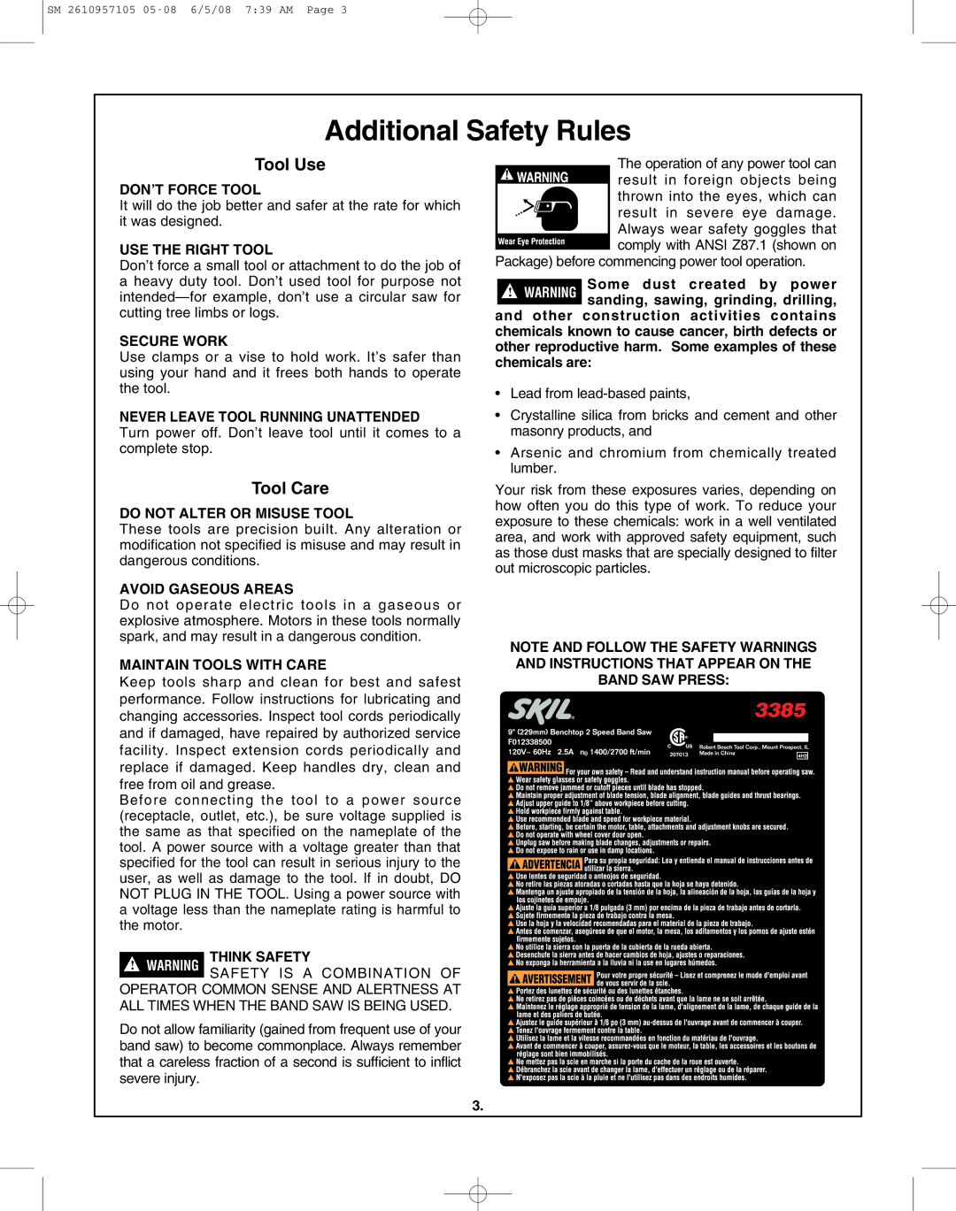 Skil 3385-01 manual Additional Safety Rules, Tool Use, Tool Care 