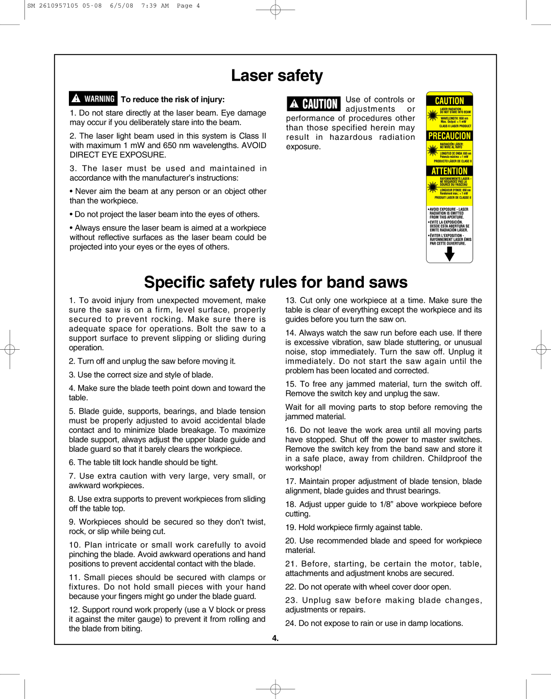 Skil 3385-01 manual Laser safety, Specific safety rules for band saws 