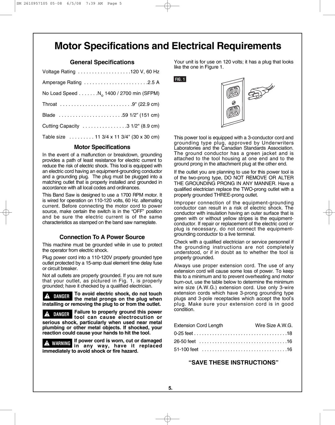 Skil 3385-01 manual Motor Specifications and Electrical Requirements, General Specifications, Connection To a Power Source 