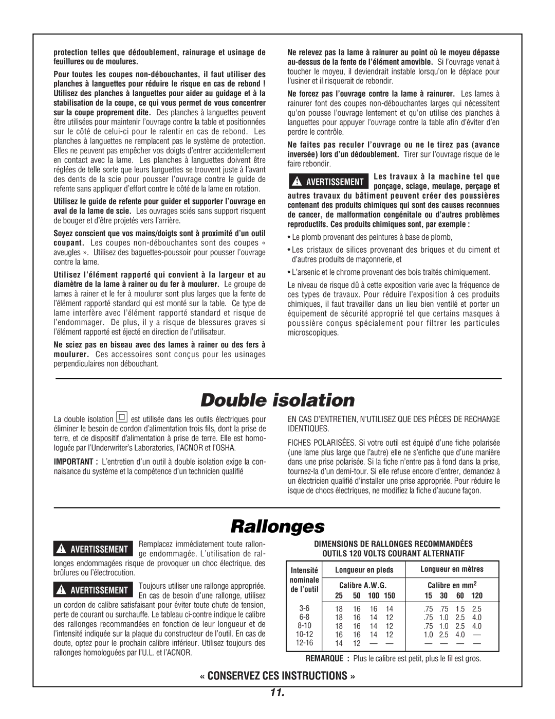 Skil 3400 manual Double isolation, Rallonges, Identiques, Loguée par l’Underwriter’s Laboratories, l’ACNOR et l’OSHA 