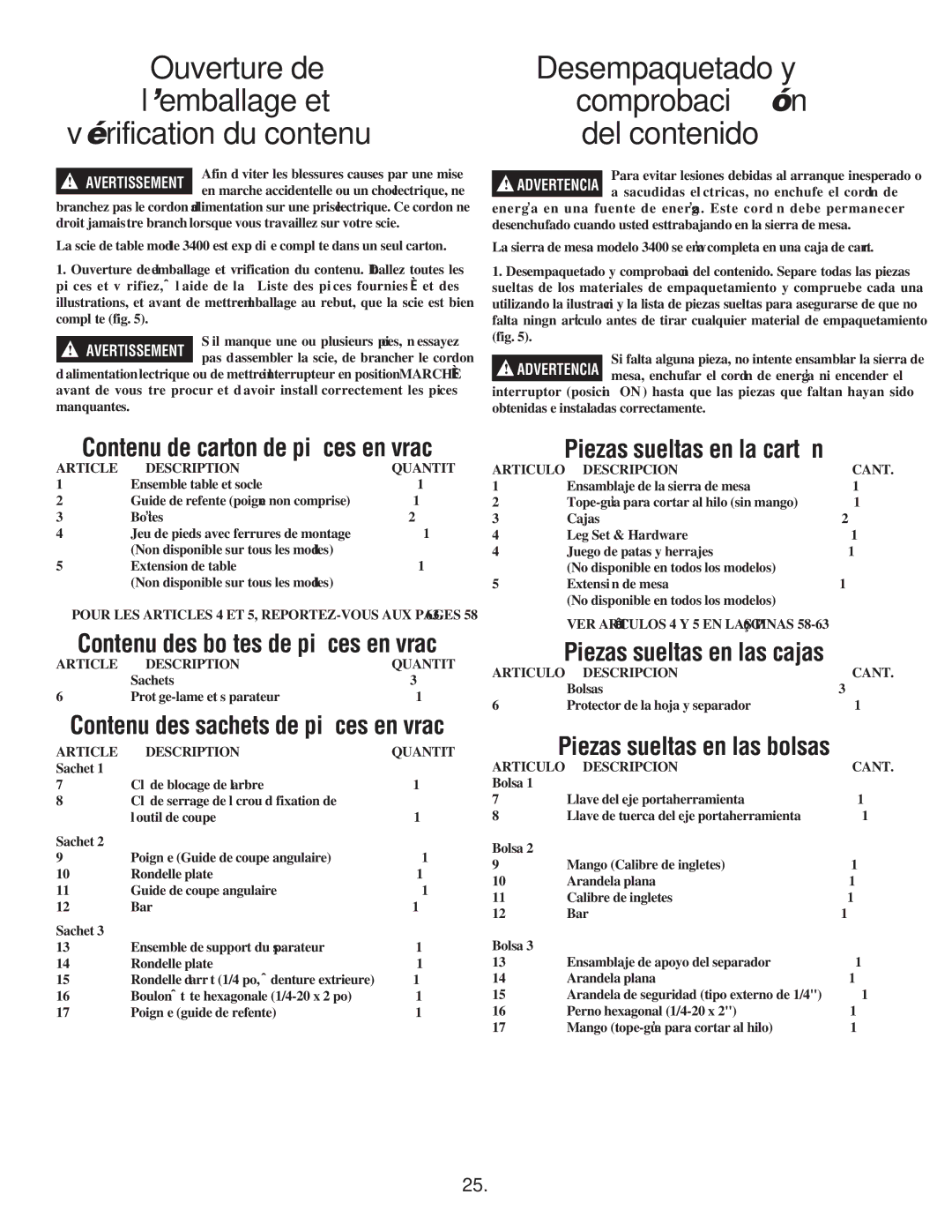 Skil 3400 manual Ouverture de l’emballage et vérification du contenu, Desempaquetado y Comprobación del contenido 