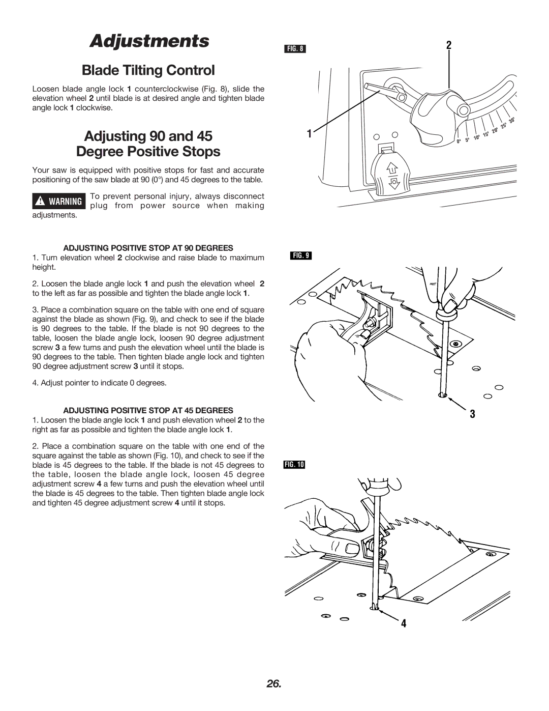 Skil 3400 manual Adjustments, Blade Tilting Control, Adjusting 90, Adjusting Positive Stop AT 90 Degrees 