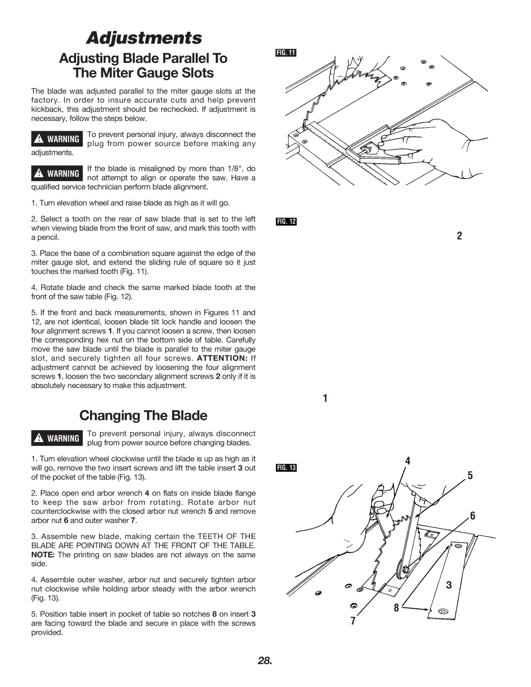 Skil 3400 manual Adjusting Blade Parallel To Miter Gauge Slots, Changing The Blade 