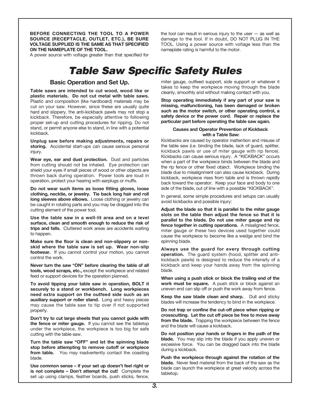 Skil 3400 manual Table Saw Specific Safety Rules, Basic Operation and Set Up 