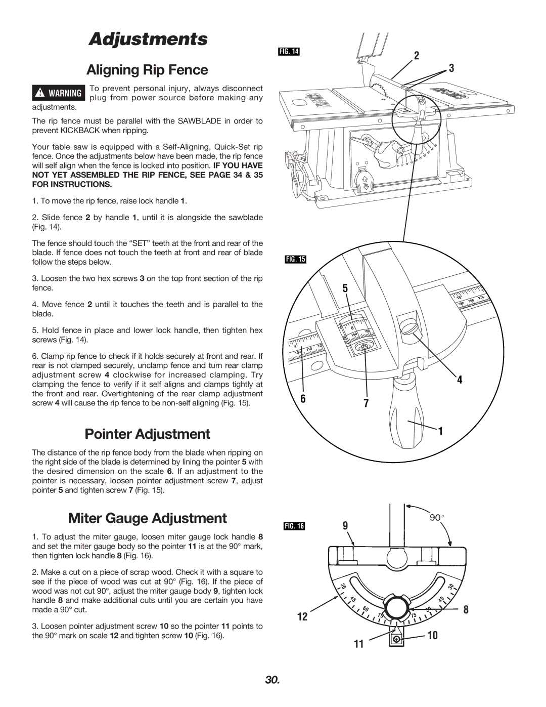 Skil 3400 manual Aligning Rip Fence, Pointer Adjustment, Miter Gauge Adjustment 