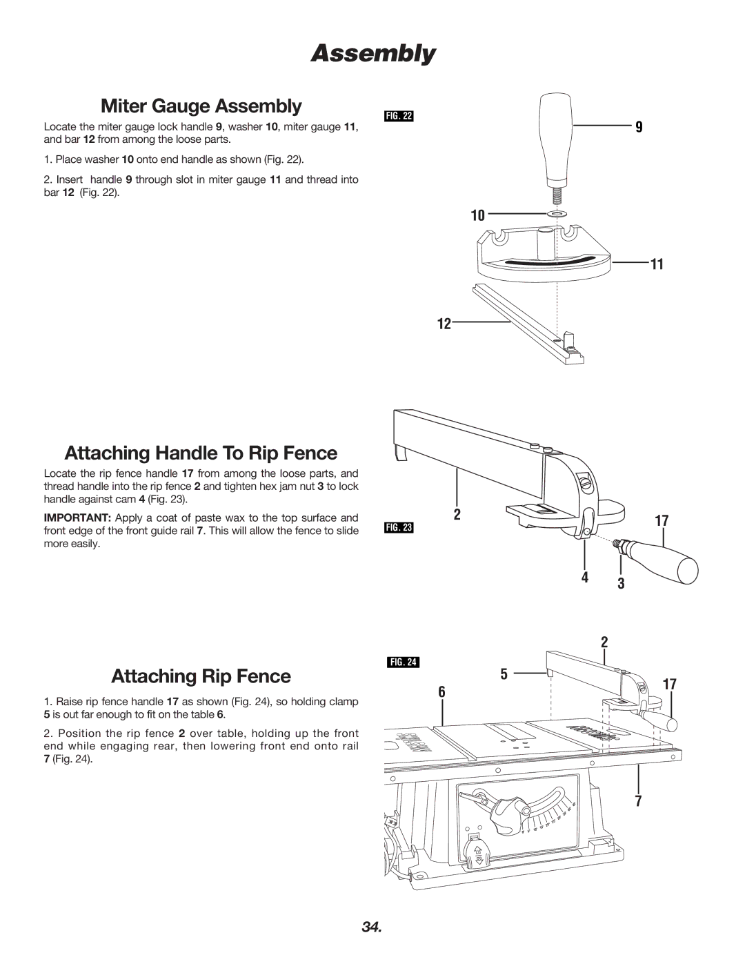 Skil 3400 manual Miter Gauge Assembly, Attaching Handle To Rip Fence, Attaching Rip Fence 